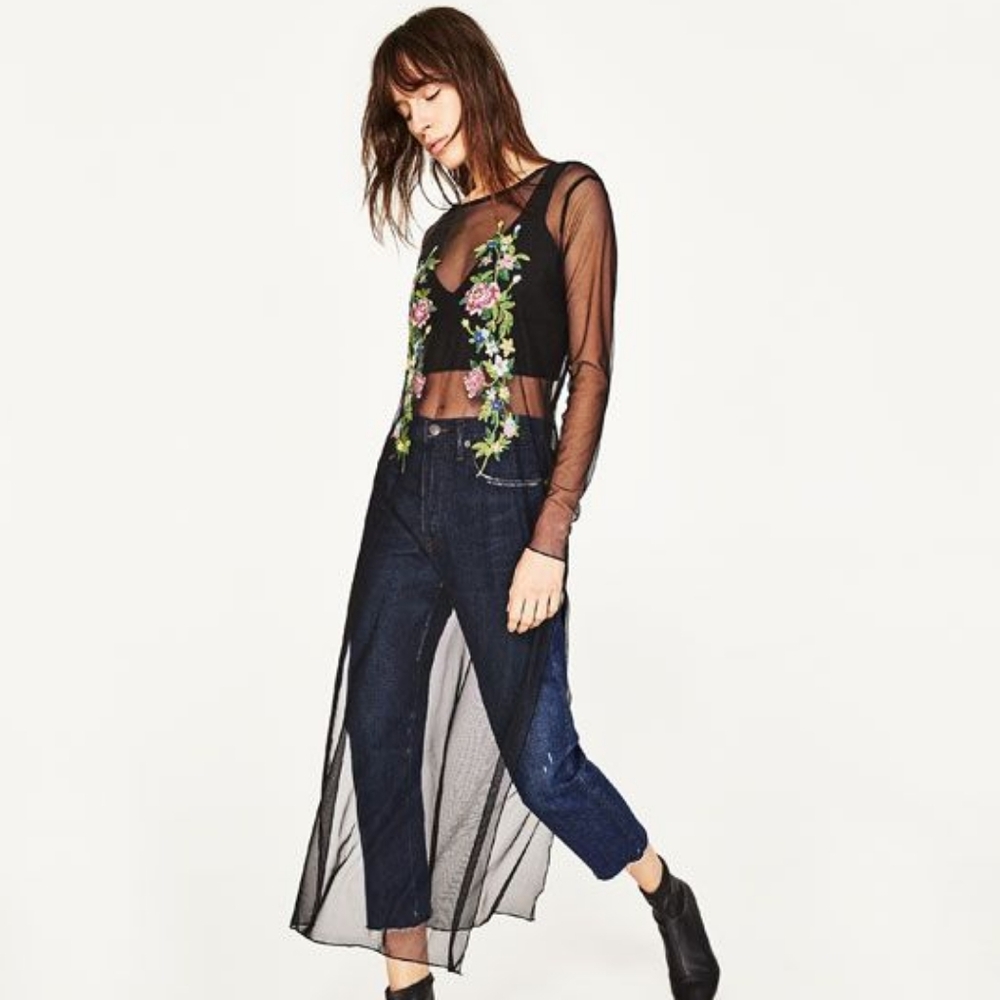 ZARA EMBROIDERED FLORAL TULLE OVERLAY DRESS BLACK SHEER LONG SWIM COVERUP, Small